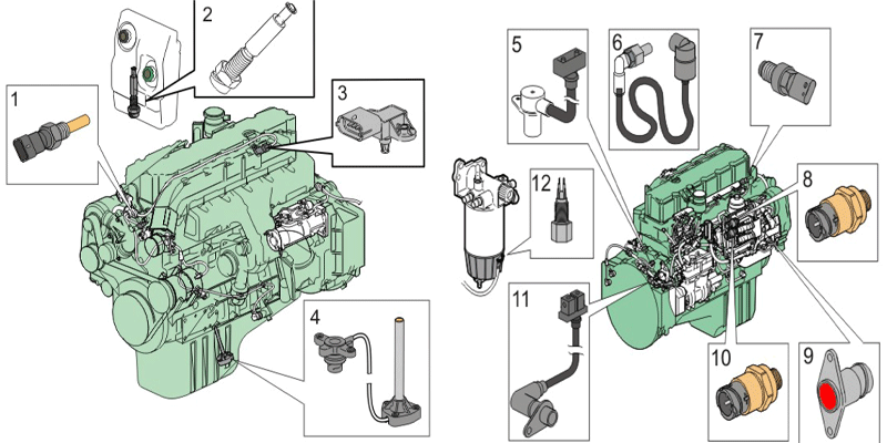 На этой схеме указаны датчики электронной системы управления двигателем Mestopolozhenie datchikov na dvigatele